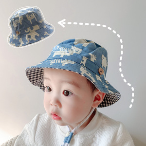 秋夏季帅气蓝色男宝宝婴儿儿童灰帆布全棉动物园渔夫帽遮阳盆帽子