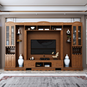 实木电视背景墙柜酒柜一体中式客厅储物高柜组合电视机影视柜整体