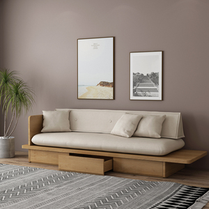 北欧小户型日式懒人沙发床民宿布艺实木沙发带抽屉木质单人双人椅