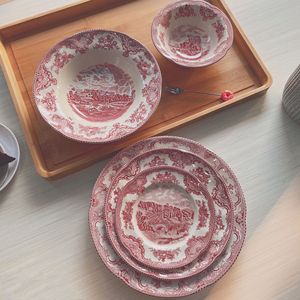 外贸出口尾单英式复古乡村风红城堡系列陶瓷餐具盘子碗下午茶套