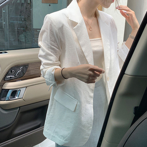 2022新款白色棉麻西装外套女夏薄款韩国休闲麻料宽松亚麻西服韩版