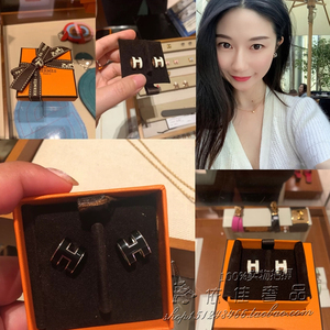 代购新款hermes爱马仕耳钉女玫瑰金椭圆耳饰经典h字母pop珐琅耳环