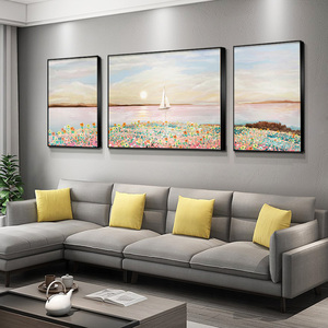北欧风客厅装饰画温馨海景沙发背景墙挂画日出花卉油画壁画三联画