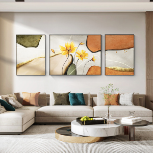 石来运转客厅沙发背景墙装饰画现代简约花卉挂画抽象轻奢三联壁画