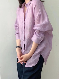 一线品牌折扣店日本定制舒适透气苎麻香芋紫衬衫宽松显瘦衬衣女