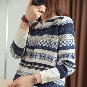 纯棉针织衫毛衣女圆领条纹长袖宽松女士打底衫外穿重工全棉线衣冬