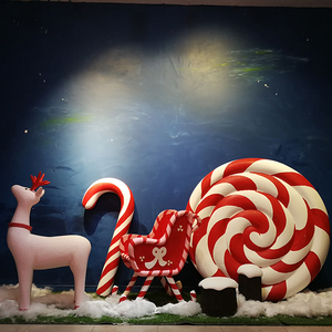 商场橱窗冬季氛围装饰布置直播间背景道具驯鹿雪橇车棒棒糖摄影