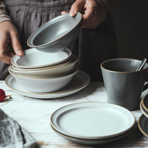 泽滕家日式哑光盘子陶瓷西餐餐盘沙拉碗碟套装早餐盘杯碗家用碟子