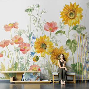 北欧手绘简约现代花卉壁纸3d客厅电视背景墙纸定制卧室床头壁画8d