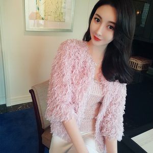 veramoon纯色毛茸茸外套女叶珂秋季新款2018休闲七分袖开衫短上衣图片