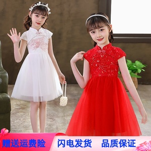 女童旗袍连衣裙夏2024新中式红色洋气蕾丝蓬蓬裙公主古筝表演纱裙