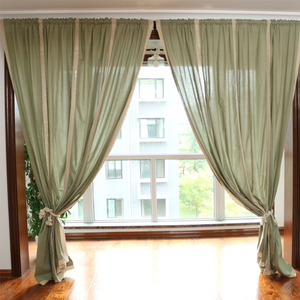 外贸棉麻拼接美式乡村田园绿色窗帘客厅卧室阳台半遮光可定制复古