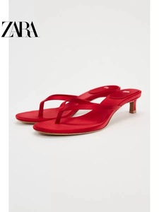 折扣ZARA女鞋夏季新品红色夹趾中跟露跟猫跟时尚凉鞋 1333310 600