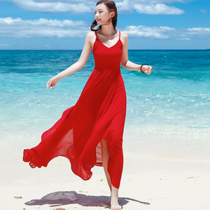 红色吊带长裙雪纺露背露肩波西米亚连衣裙海边度假沙滩裙修身显瘦