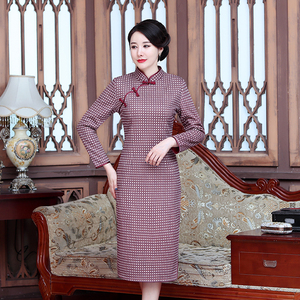春秋款长袖格子旗袍显年轻中国风改良版妈妈装修身显瘦祺袍连衣裙