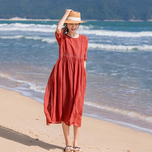 红色苎麻连衣裙青海湖旅游衣服沙漠拍照夏季海边度假仙女沙滩裙子