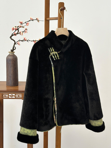 新中式女装秋冬款毛毛外套轻国风冬装盘扣宽松两面穿黑色皮草上衣