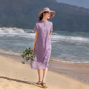 紫色高级感苎麻刺绣连衣裙夏季年轻款妈妈气质复古新中式改良旗袍