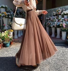 加长垂感网纱半身裙女春季遮肚子显瘦大摆伞裙百褶长裙a字沙纱裙