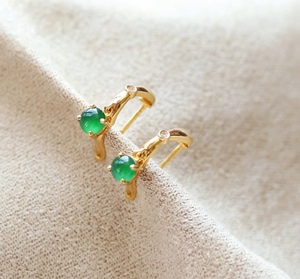 现货忆翠堂18k金镶嵌天然a货缅甸翡翠玉冰种简约蛋面女款耳包耳饰