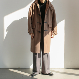 mogern冬季连帽毛呢牛角扣大衣男英伦风休闲宽松中长款呢子外套潮