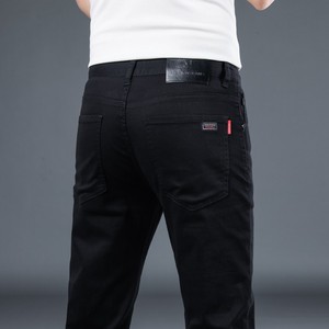 香港夏季不掉色纯黑色牛仔裤男士修身直筒弹力高端薄款休闲长裤子