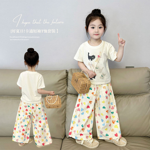 女童短袖长裤套装夏装新款韩系时髦儿童卡通T恤棉布防蚊裤两件套