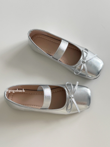 gogoback新中式芭蕾舞鞋女平底蝴蝶结单鞋银色玛丽珍皮鞋一脚蹬女
