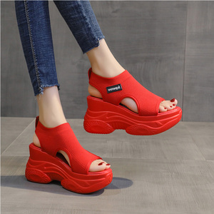 坡跟凉鞋女厚底增高8cm小个子红色休闲鞋夏季网面松糕鱼嘴老爹鞋