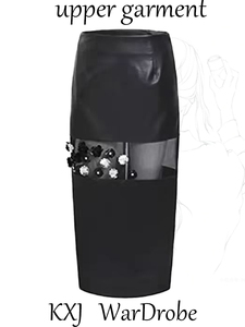 重工钉珠花朵黑色pu皮裙女夏季新款半透明网纱拼接显瘦包臀半身裙