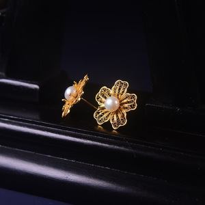 桂堂东花丝镶嵌古风耳饰珍珠耳钉古法手工耳环汉服首饰累丝掐丝