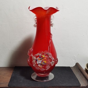 五千年小店创汇人工制红色老玻璃花瓶插图四花瓣小磕150高24