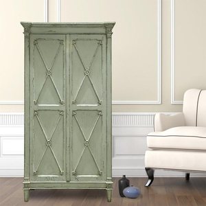 法式乡村复古橡木做旧双门衣柜美式风格草绿色实木衣橱衣帽间柜子