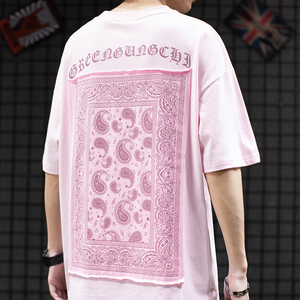 潮街区西海岸美式嘻哈腰果花短袖t恤男情侣粉色国潮街头甜酷上衣