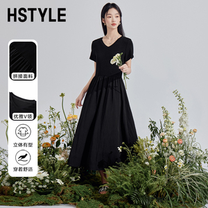 韩都衣舍赫本风黑色连衣裙女2024夏季新款小个子高级感气质长裙