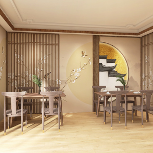 中式古风墙纸山水花鸟茶室养生馆客厅壁纸饭店火锅店直播间背景墙
