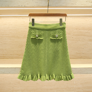 SANDRO SIVOS深圳南油高端女装法式波浪纹高腰橄榄绿针织半身短裙