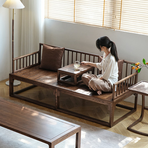 新中式沙发罗汉床实木推拉床现代轻奢黑胡桃木色折叠两用沙发床榻