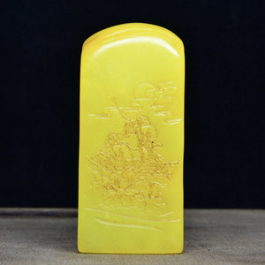 宫藏珍品寿山石鸡油黄田黄石博弈雕刻泛舟访友印章落款乙己年宏牧