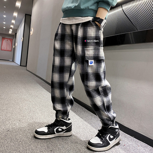 冠军蚂蚁全员恶人格子裤潮牌男童裤子儿童运动长裤痞帅炸街春秋款