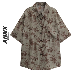 ANNX2023文化复古碎花短袖衬衫女设计感小众港风领带衬衣外套夏季