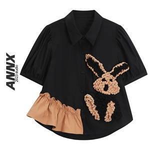 ANNX2024别致勾花黑色立体兔子短袖衬衫夏季独特短款泡泡袖上衣潮