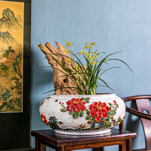 陶一峰精品 棋子盆手工贴花装饰大号陶瓷兰花盆石湾传统中式牡丹