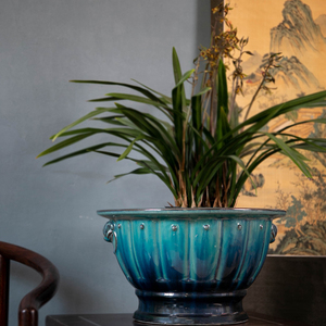 陶一峰14.5寸瓜棱兰盆石湾陶瓷传统兰花盆栽仿古岭南园林盆景圆形