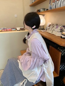 夏季女装刺绣罩衫短款马甲香芋紫宽松衬衫格纹复古绑带半身裙套装