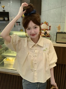 新中式小衬衣法式泡泡袖短款国风上衣女夏季新款短袖刺绣盘扣衬衫