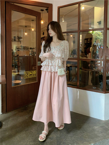 夏季新款女韩版小清新碎花上衣短袖雪纺衫粉色半身裙A字裙两件套