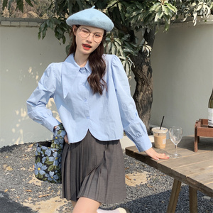 三木子~春季新款蓝色衬衣韩版尖领设计感小众洋气泡泡袖女装衬衫