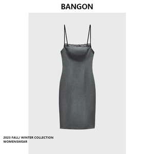 BANGON 灰色吊带连衣裙拼接蕾丝2024年新款名媛气质御姐风裙子女