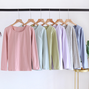 女士纯棉秋衣单件睡衣春秋内穿打底衫长袖线衣高弹力修身家居上衣